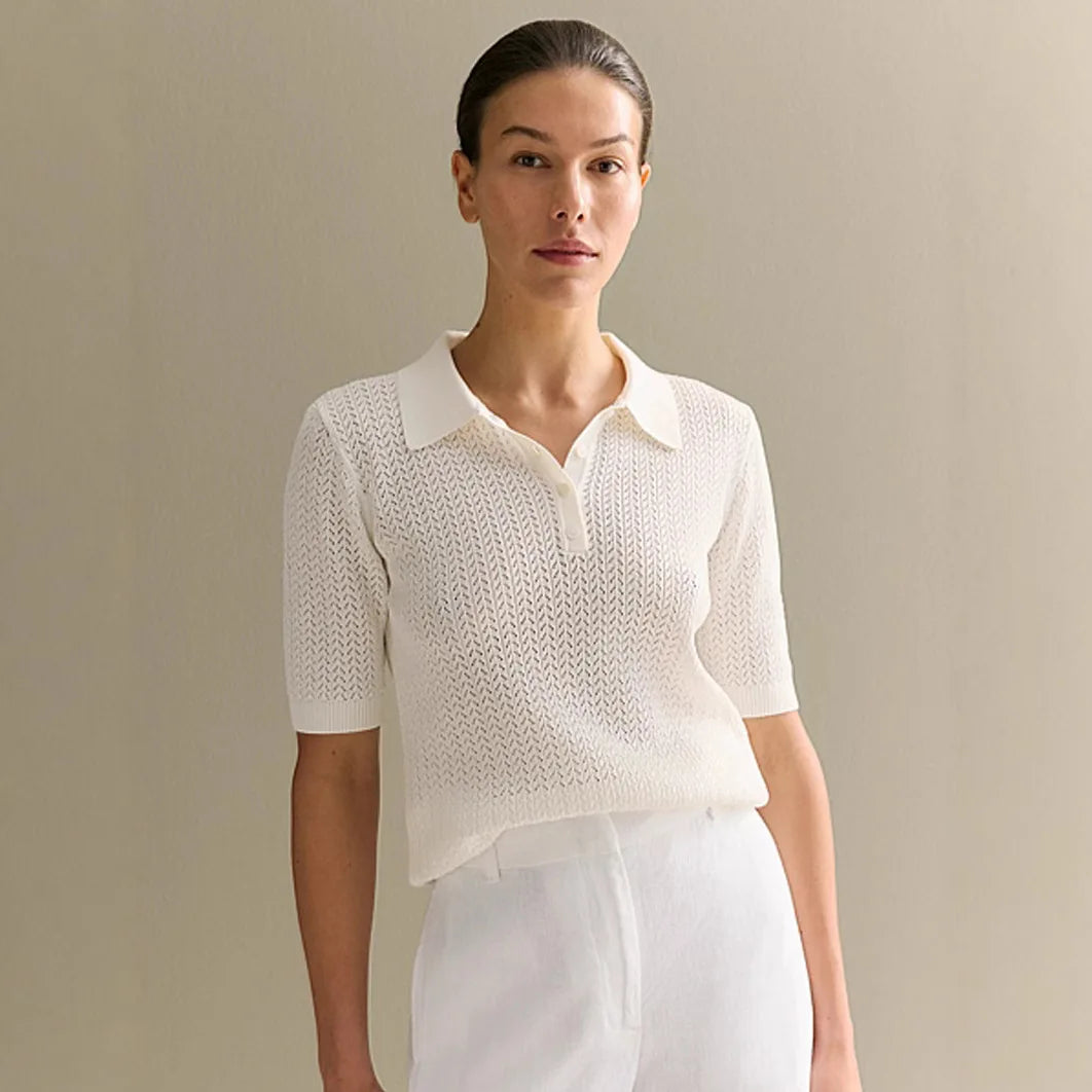 T-shirt femme en maille ajourée 2026 — manches courtes, décontracté, col à revers, tendance, uni
