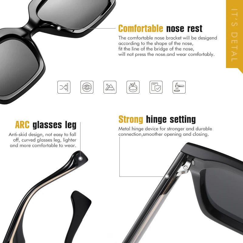 Premium Polarized Square Sunglasses for Women, Thick Crystal Rivet Oversized Stylish Driving Eyewear for Men, Women's Sunglasses