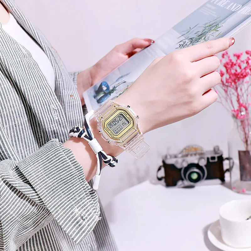 Reloj digital LED transparente para niños, hombres y mujeres, dial cuadrado pequeño, luminoso, deportivo, pulsera electrónica, reloj infantil