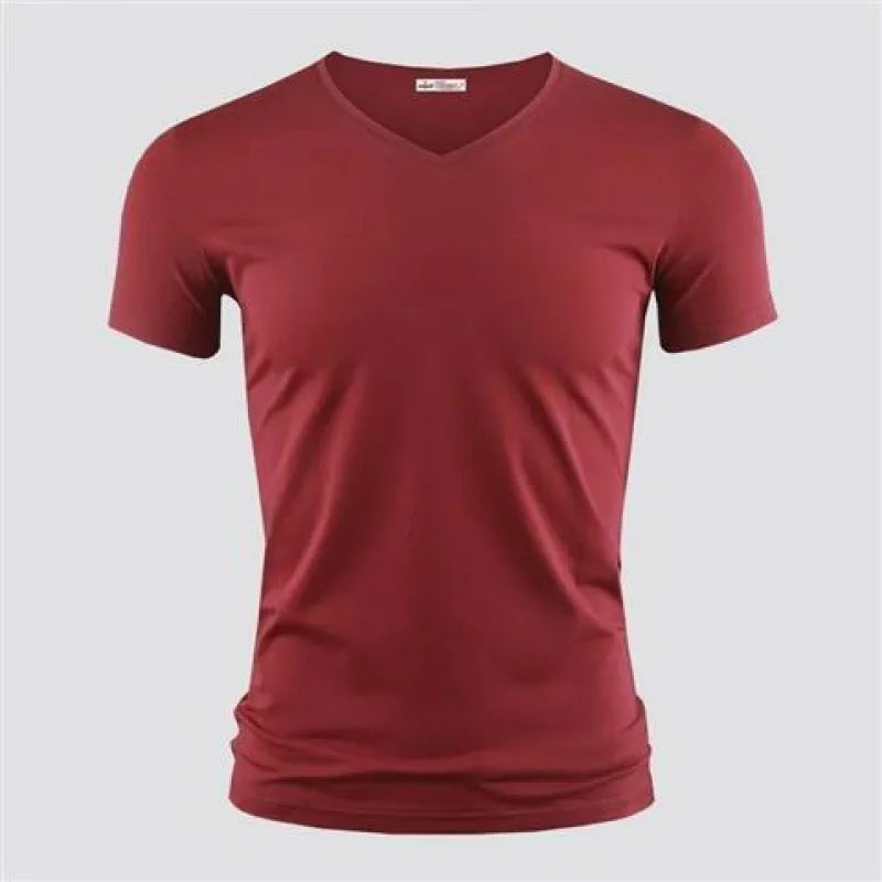 2026 hommes T-Shirt couleur Pure col en V à manches courtes hauts T-Shirts hommes T-Shirt collants noirs homme T-Shirts Fitness pour vêtements masculins