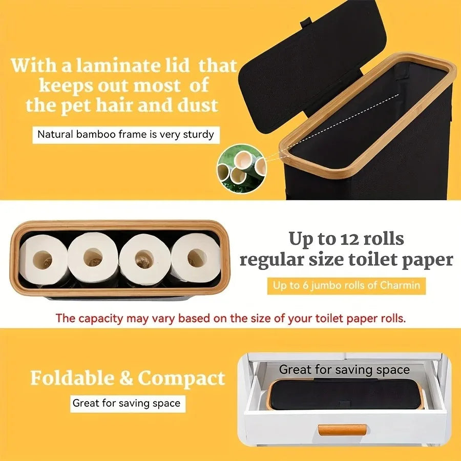 Bamboo Toilet Paper Holder with Lid - Freestanding Bathroom Organizer with Handle, Enclosed Tissue Storage Box