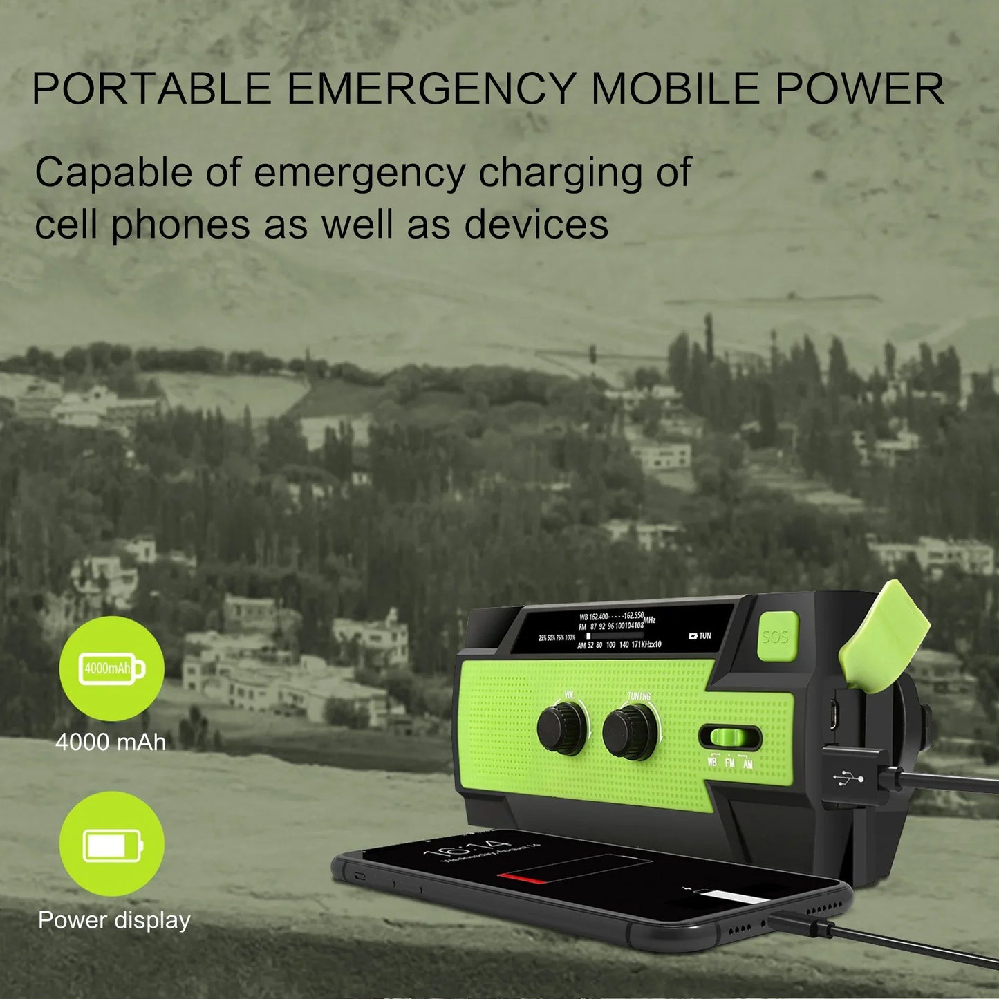 Radio météo d'urgence multifonctionnelle, FM AM WB, manivelle, charge USB solaire, batterie externe 2000mAh, lampe torche LED