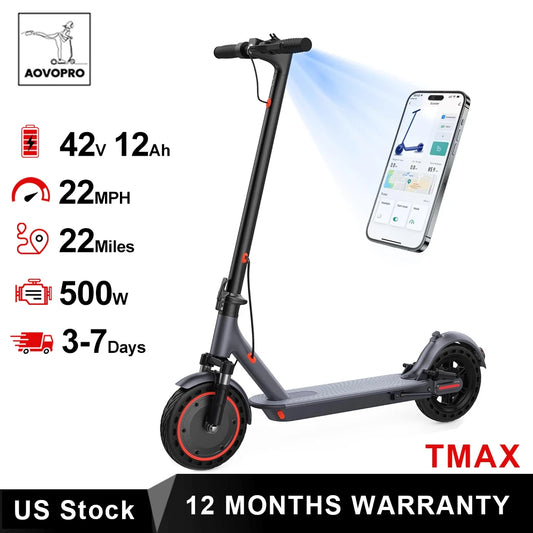 Scooter électrique 500W 22MPH pour adulte — application intelligente, absorbant les chocs, antidérapant, pliable
