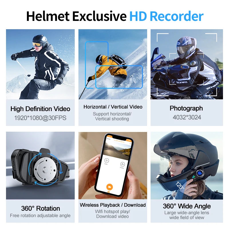 Casque de moto Bluetooth mains libres — étanche, vidéo 1080P, dashcam intégrée, carte TF
