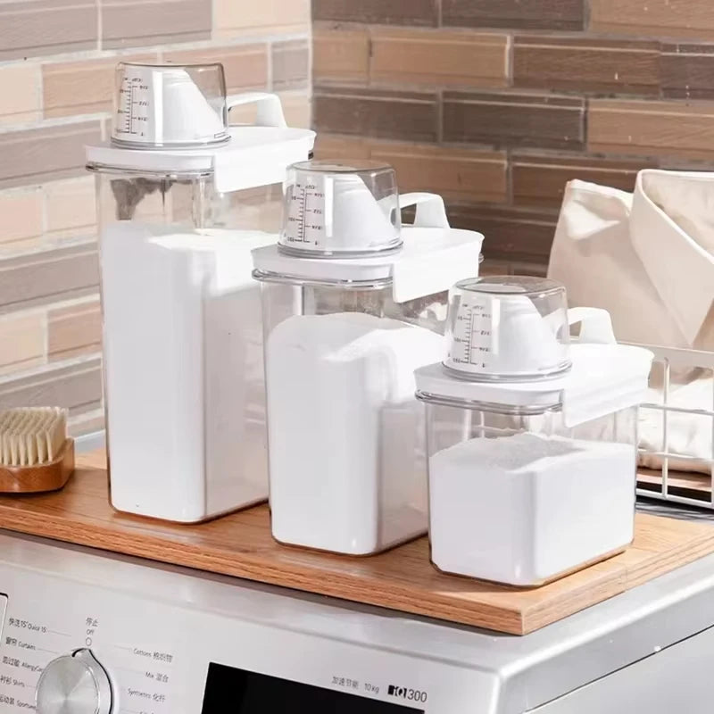 Distributeur hermétique de détergent à lessive, boîte de rangement de poudre, récipient de liquide de poudre à laver transparent avec couvercles, pot