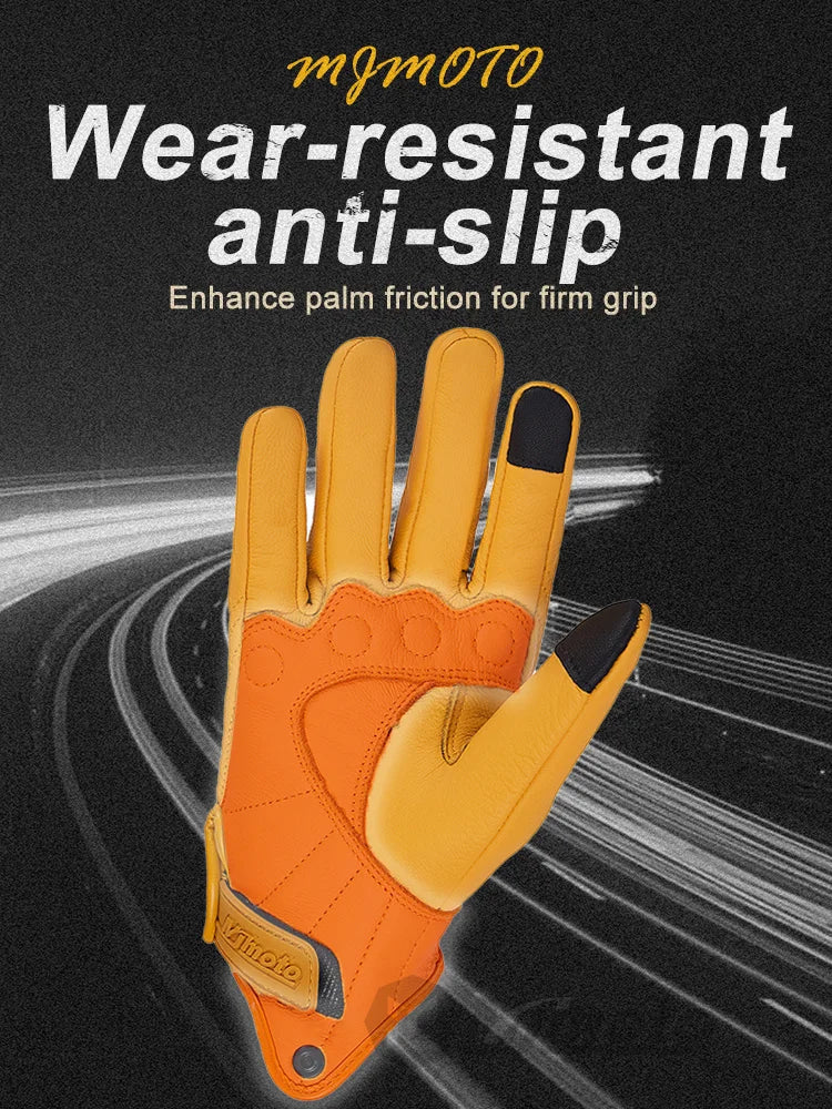 Gants de Moto Rétro en Cuir Jaune pour Homme et Femme, Accessoire Perforé et Respirant pour Course de Vélo, Écran Tactile, Motocross