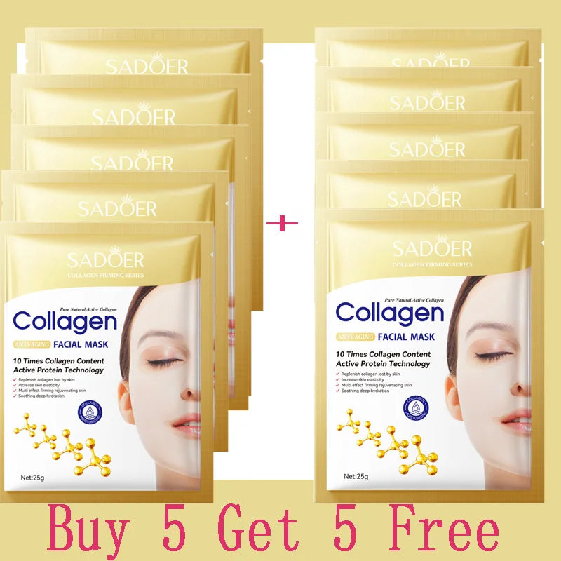 Collagen Anti-Wrinkle Facial Mask, 10 Pieces, Anti-Aging, Fades Fine Lines, Firms Skin, Moisturizing, Brightening, Skincare, Korean Cosmetics