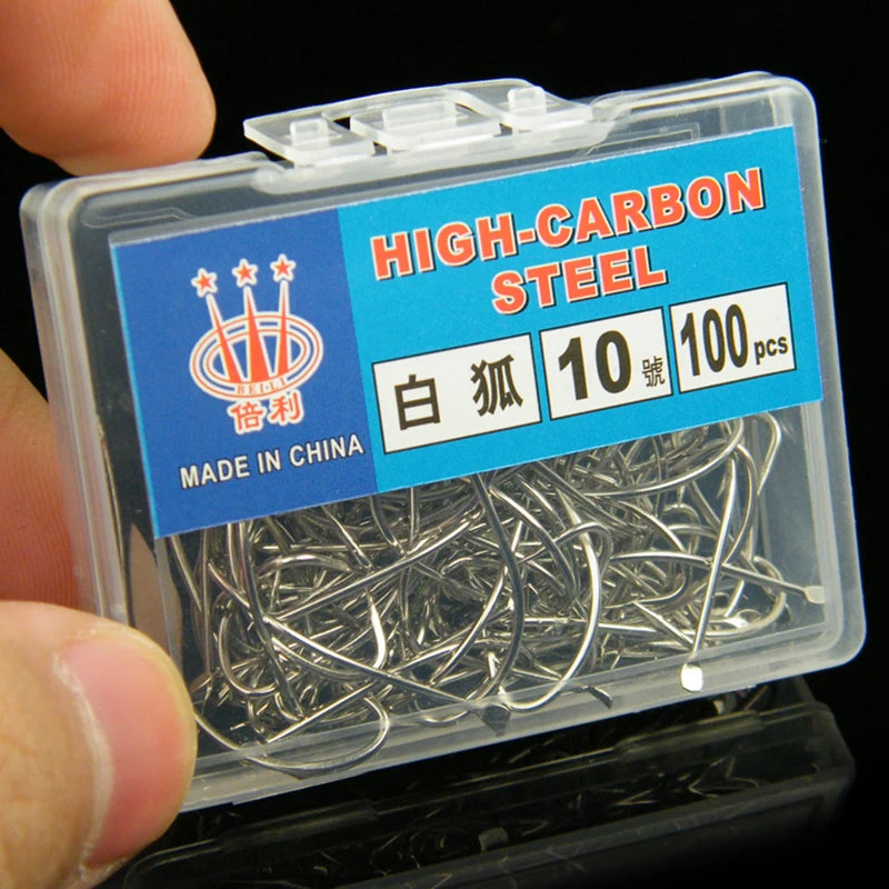100pcs Barbed Silver High Carbon Steel Hooks for Fishing White Fox, Pelteobagrus Fulvidraco and Striped Catfish