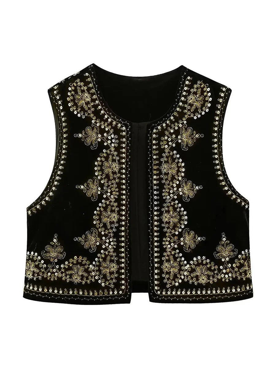 Chaleco bordado negro Vintage con estampado Floral para mujer, sin mangas, frente abierto, corto, versátil, ropa de abrigo y2k, cárdigan Boho corto