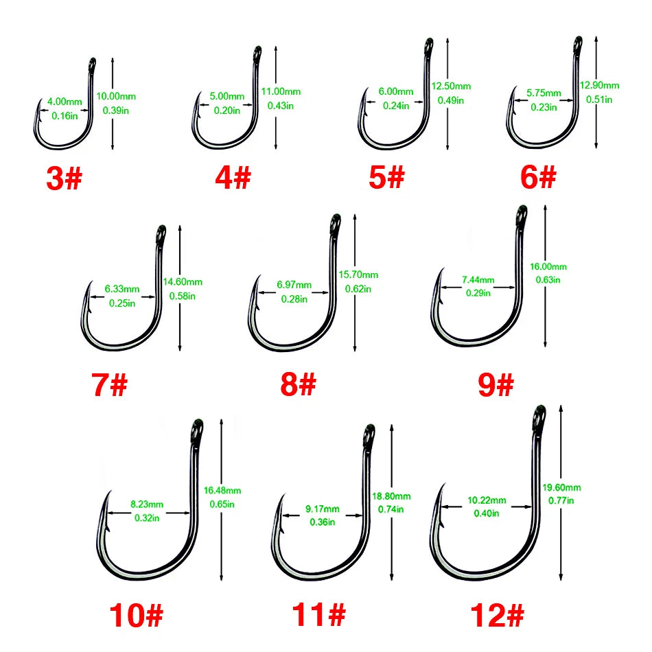 100 Pcs Size 3-12# Ringed Eye Hooks, High Carbon Steel Circle Fishing Hook, Single Jig Hook, Tackle