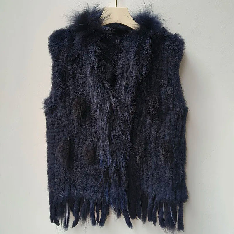 Gilet tricoté en vraie fourrure de lapin naturelle avec pompon, Gilet chaud sans manches pour femmes, avec garniture en vraie fourrure de raton laveur