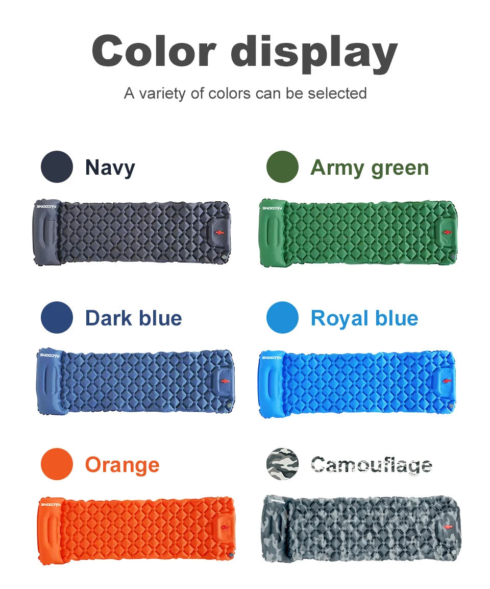 Camping en plein air Gonflable Matelas Couchage Pad Avec Oreillers Ultra Léger Air Mat Intégré Gonfleur Pompe Randonnée