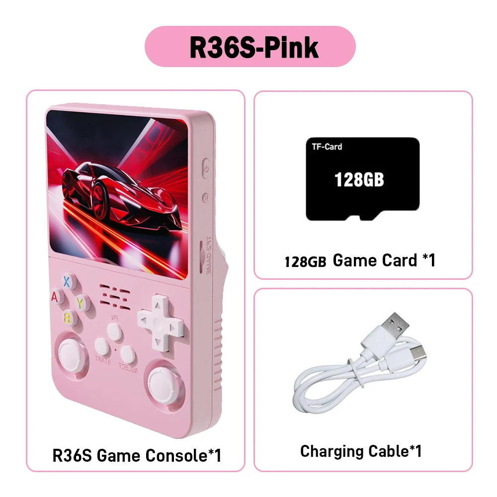 R36S ARKOS Consola de videojuegos portátil retro de 3,5 pulgadas IPS con múltiples colores disponibles, pantalla de reproductor portátil, 64GB de juegos
