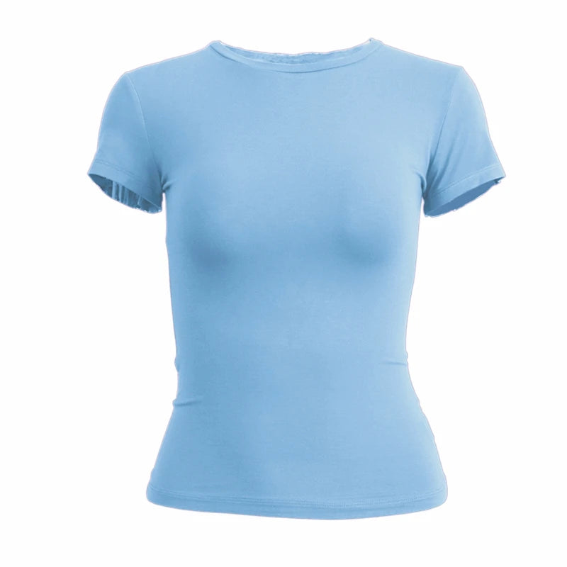 Mujer Ropa Camiseta de manga corta Top ajustado para mujer Cuello redondo Tejido Camiseta de tubo Ropa de calle Sexy deportivo 2024 Y2K Nuevo2410