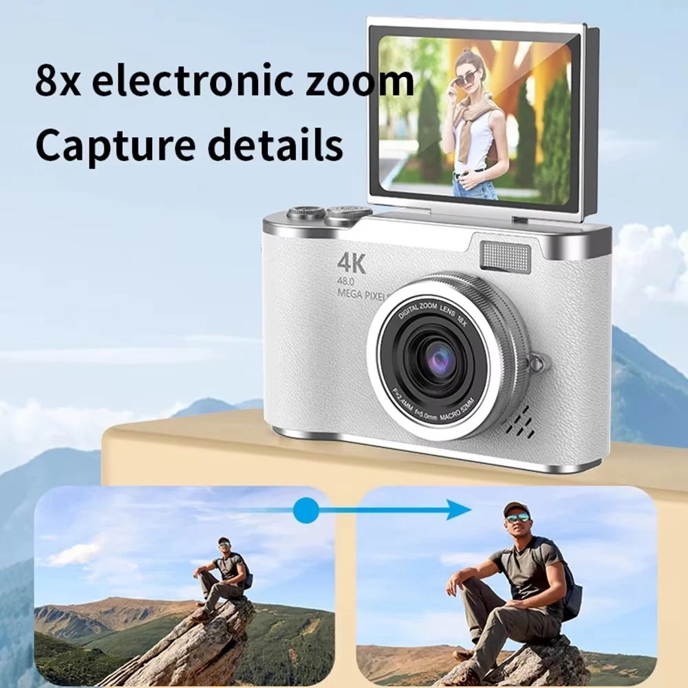 Appareil photo numérique 4K CCD — 8x zoom, 48MP, compact, 180° écran rabattable, selfie, étudiant