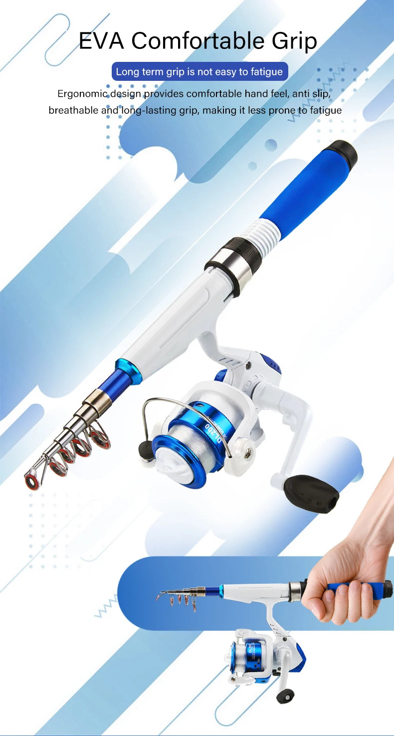 DEUKIO – Mini canne à pêche combinée avec canne à pêche télescopique courte et moulinet Spinning, ensemble de poteaux de voyage pour enfants débutants