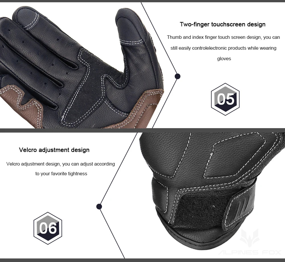 Gants moto en cuir marron vintage pour homme — certification CE, écran tactile, motocross, course