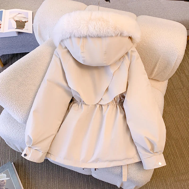 Chaqueta de invierno con capucha forrada de lana para mujer, abrigo cálido acolchado con cordón, Parkas coreanas informales, ropa de calle abullonada