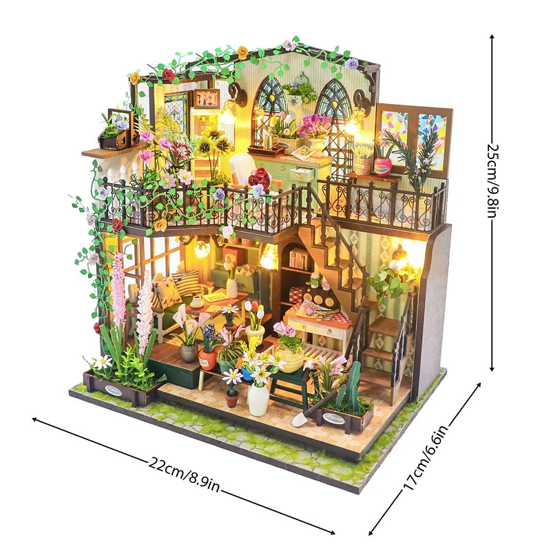 Casa de muñecas de madera, modelo de jardín, puzle 3D, kits de construcción para montar, juguetes, decoración de dormitorio con luces LED, regalo para casa de muñecas, bricolaje