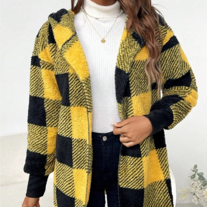 Women's Plaid Double Fleece Cardigan, Soft Loose Long Sleeve Plush Warm Hooded Jacket, Patchwork Outerwear Coat, Autumn Winter