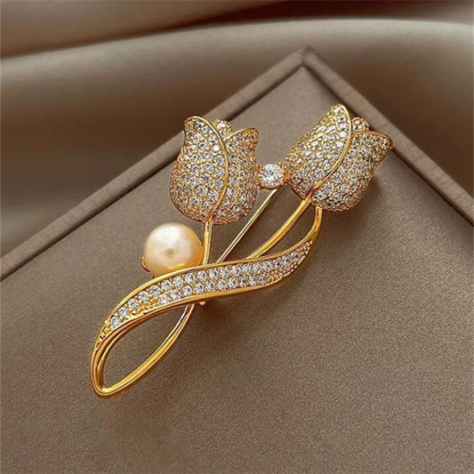 Korean full rhinestone rose pearl brooches for women tulip wheat ear bamboo panda zircon brooch pins female suit coat jewelry