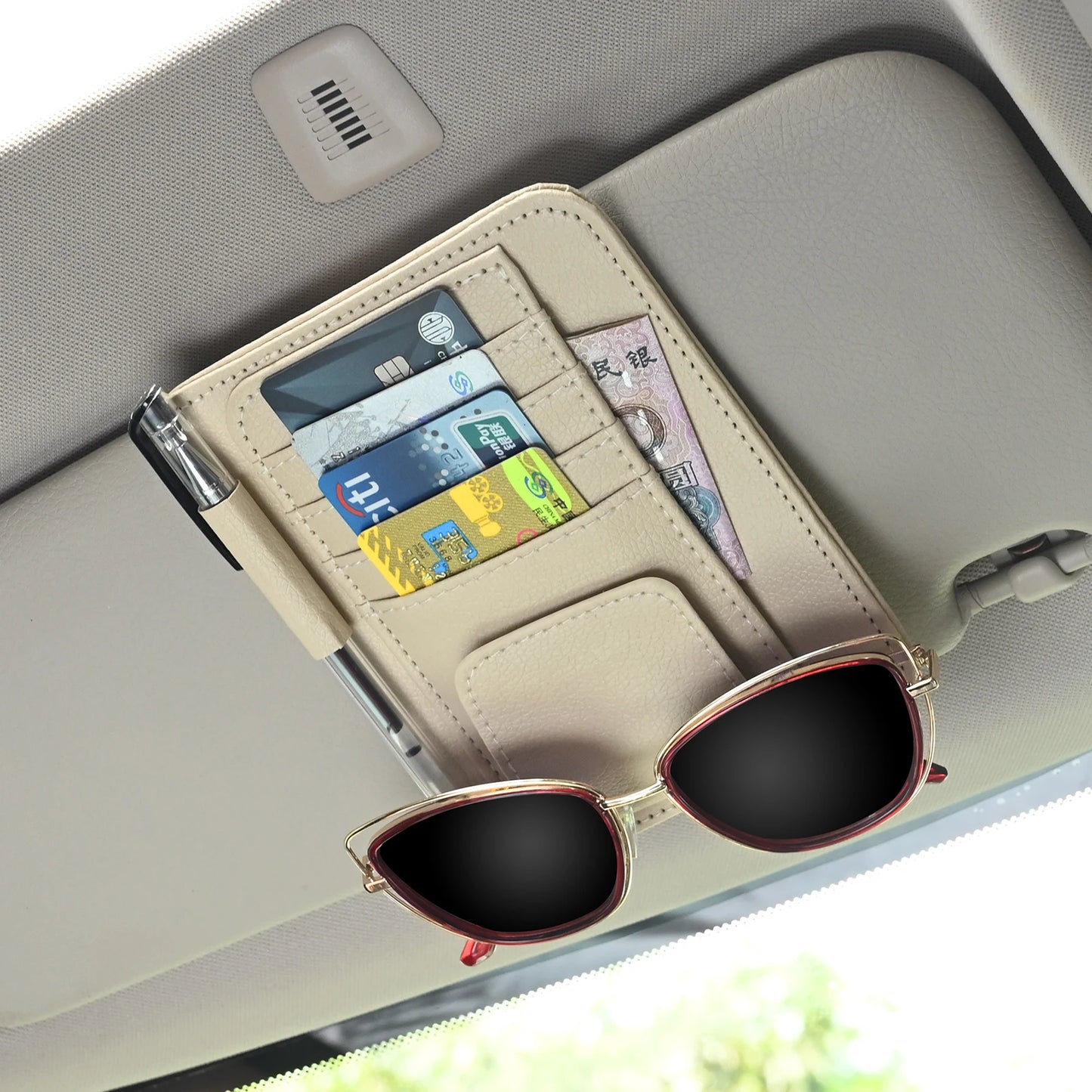Organizador de visera para coche, bolsa multi-bolsillo, tarjetero, gafas, soporte de almacenamiento, resistente a los arañazos, soporte de visera automático para interior de coche