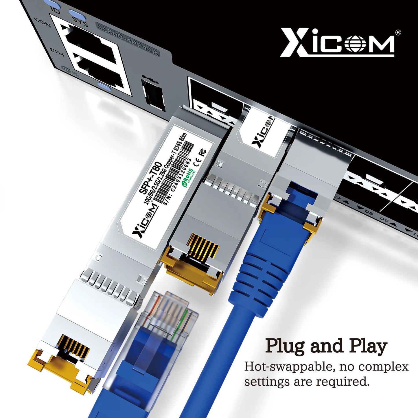 Módulo transceptor SFP+ RJ45 de cobre Xicom 10G, puerto RJ45 80M, compatible con 10G/5G/2.5G/1.25G con switches Ethernet Cisco/Mikrotik