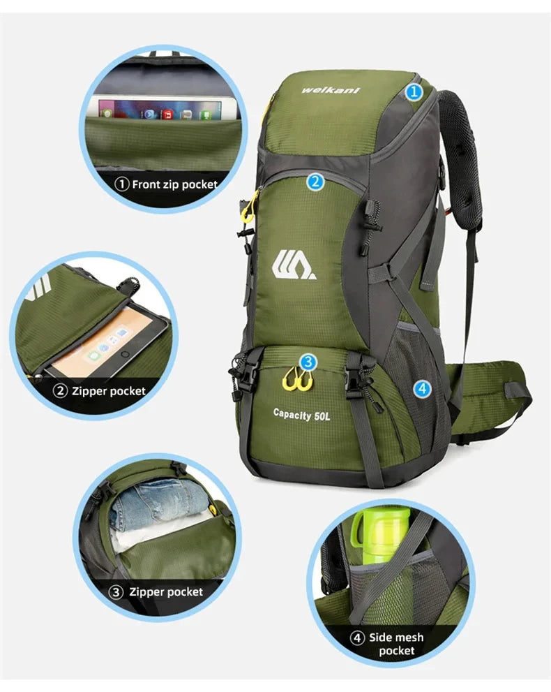 Sac à dos d'escalade en nylon pour homme, sac à dos de camping, sac à dos de randonnée, sports de plein air, canadisme, trekking initié, sac à dos de voyage, 50l