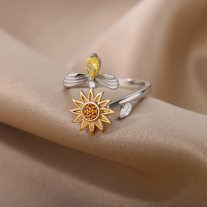 Anillo antiestrés para mujer de acero inoxidable con colgante de sol, spinner para la ansiedad, joyería de moda, regalo de cumpleaños, envío gratis