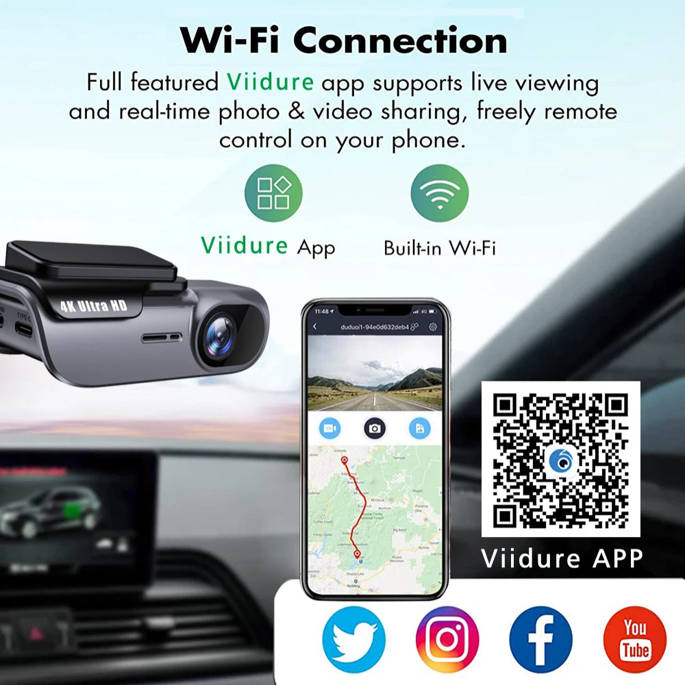 Dashcam WiFi 4K 3840x2160P — Vision Nocturne Surveillance 24H Boîte Noire