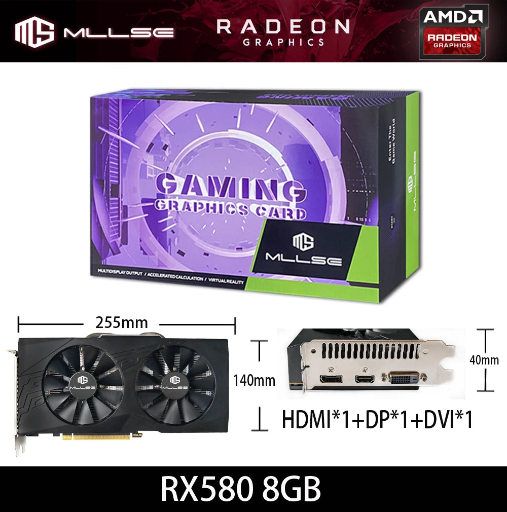 MLLSE AMD RX 580 8GB 2048SP carte graphique De jeu GDDR5 256Bit PCI-E 3.0 × 16 8Pin Radeon GPU Rx 580 carte vidéo Placa De vidéo