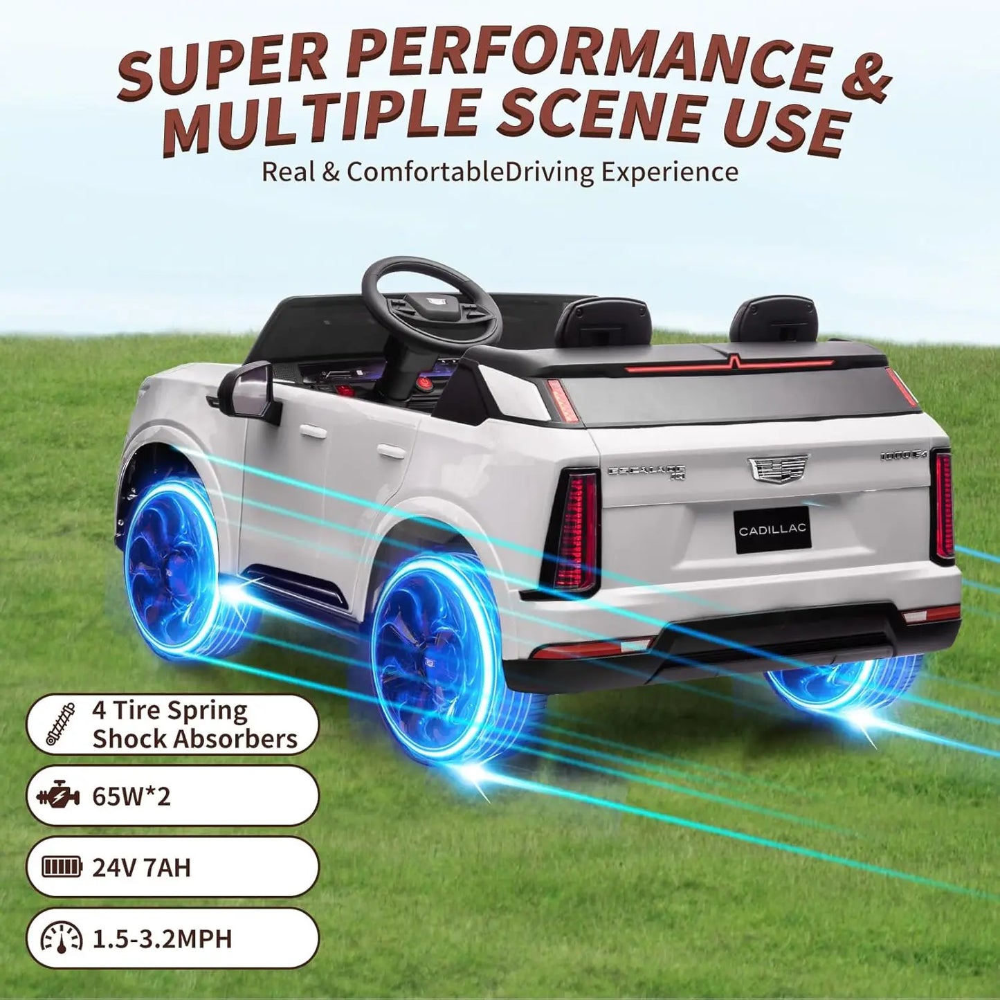 Coche eléctrico de 24 V con mando a distancia, 2 plazas, amortiguación en las 4 ruedas, arranque suave, luces led para niños