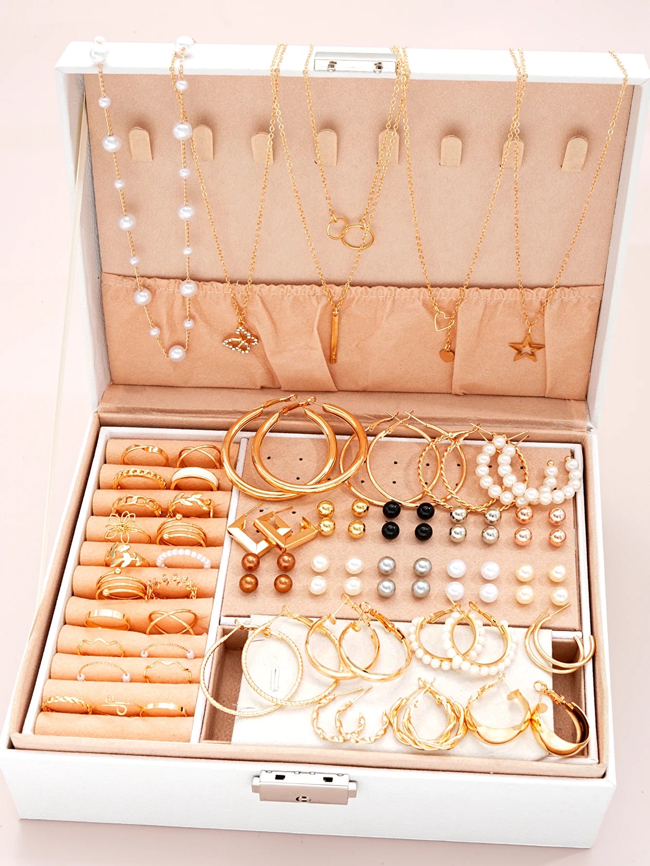 Juego de joyas de 86 piezas/conjunto de pendientes de perlas elegantes, collar multicapa, aretes, anillos, juego de joyas 4 en 1 para mujer, uso diario, regalo (sin caja)