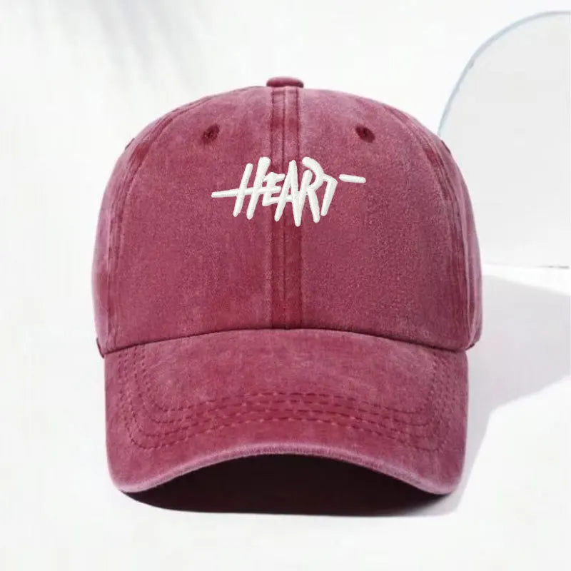 Casquette de baseball vintage en coton lavé — broderie cœur, unisexe, douce, hip hop, trucker, quotidien, extérieur