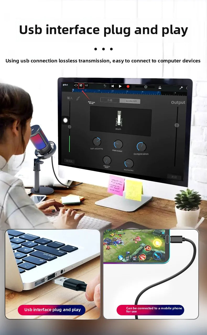 Microphone USB Professionnel à Condensateur RGB — Enregistrement, Gaming, Streaming Direct