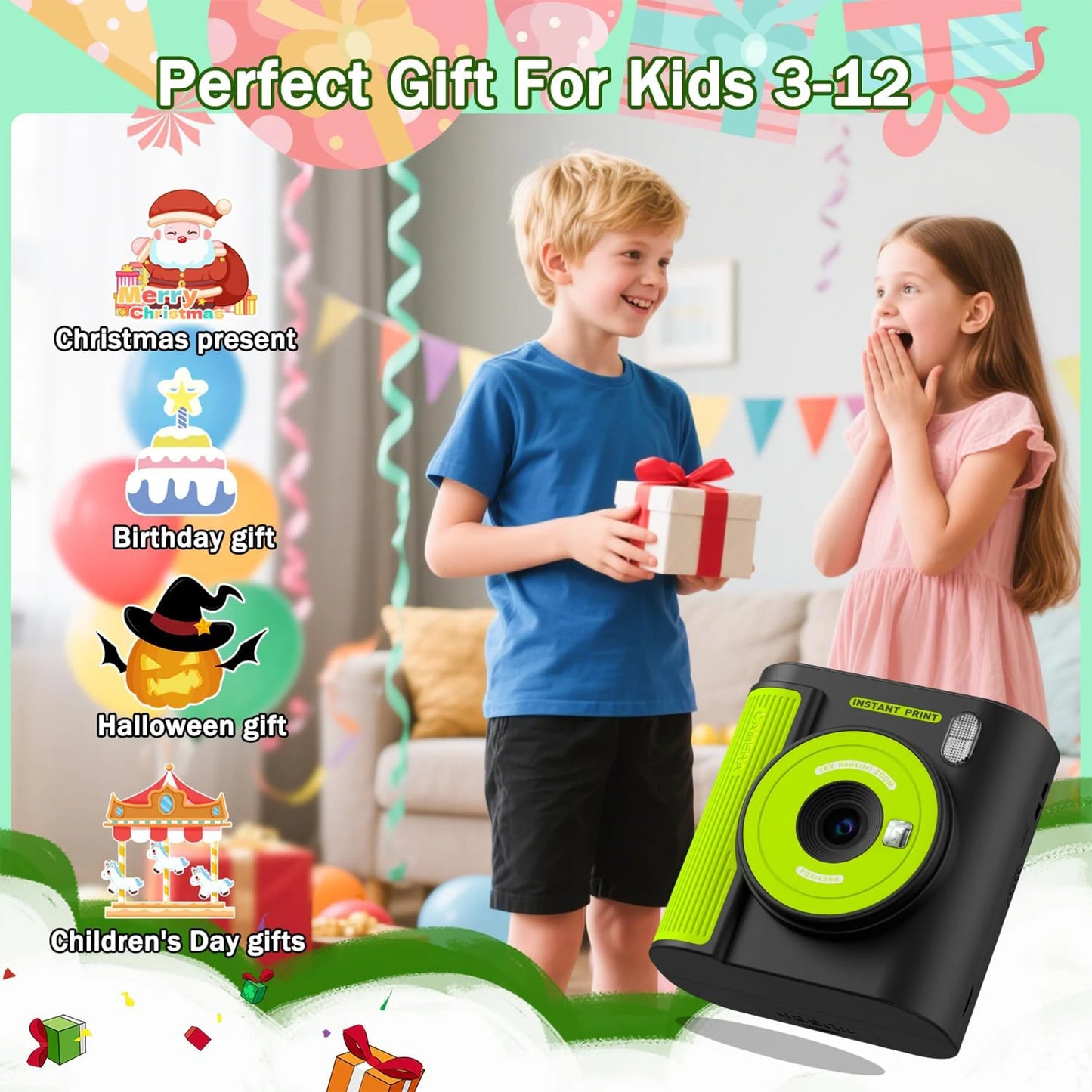 INOCTI Kids Print Camera, Digital Camera for Toddlers, Three Print Papers and 32G Card, for Girls & Boys, Christmas Birthday Gifts