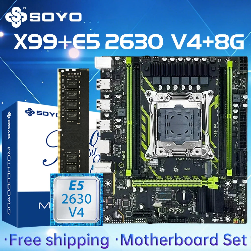 Ensemble de carte mère SOYO X99 avec processeur LGA2011-3 Xeon E5 2630 V4, DDR4 8 Go (1*8 Go) 2133 MHz RAM, NVME M.2 SATA, accessoires informatiques