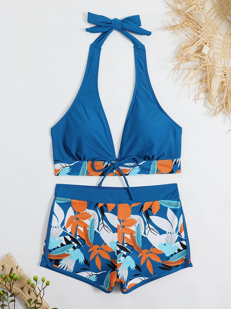 Ensemble de bikini halter 2026, maillot de bain court pour femme, maillot de bain taille haute imprimé, tenue de plage
