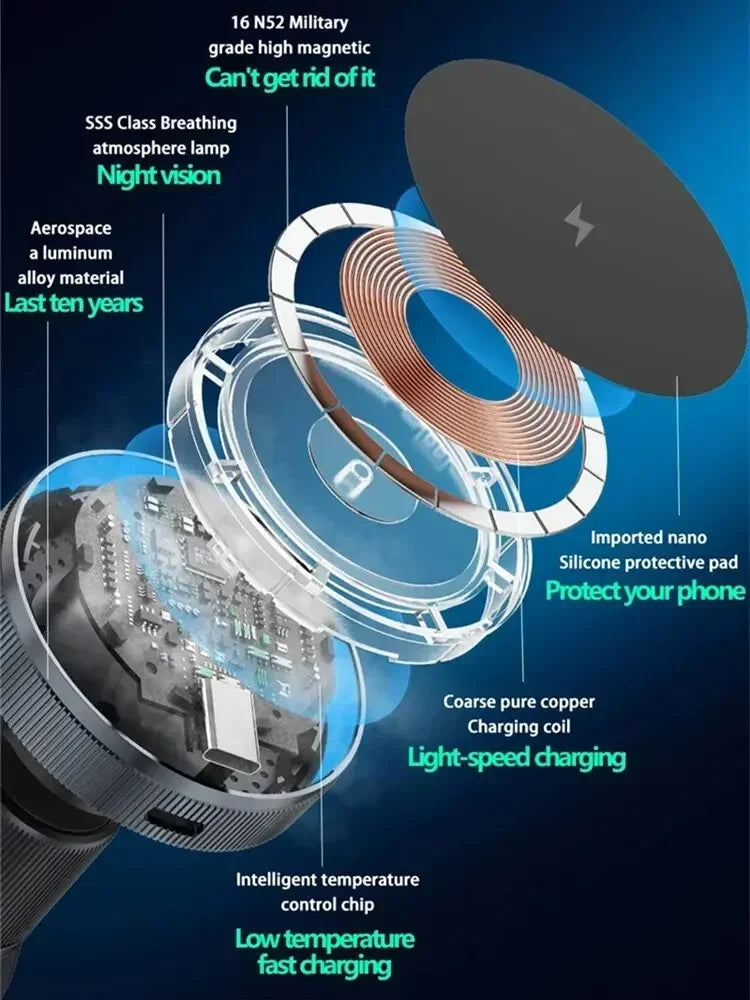 Chargeur de voiture magnétique sans fil — lumière LED, sortie d'air, support téléphone, charge rapide