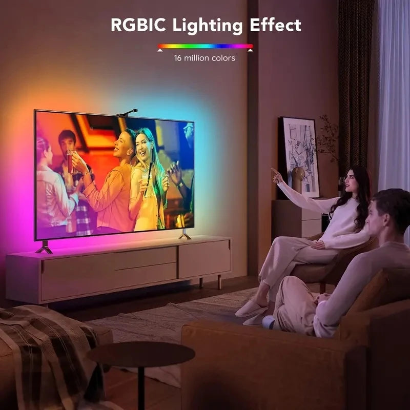 Bande lumineuse LED RGBIC pour téléviseur avec caméra, contrôle par application, synchronisation musicale, lumières intelligentes pour salle de jeu, éclairage ambiant 55-75 pouces