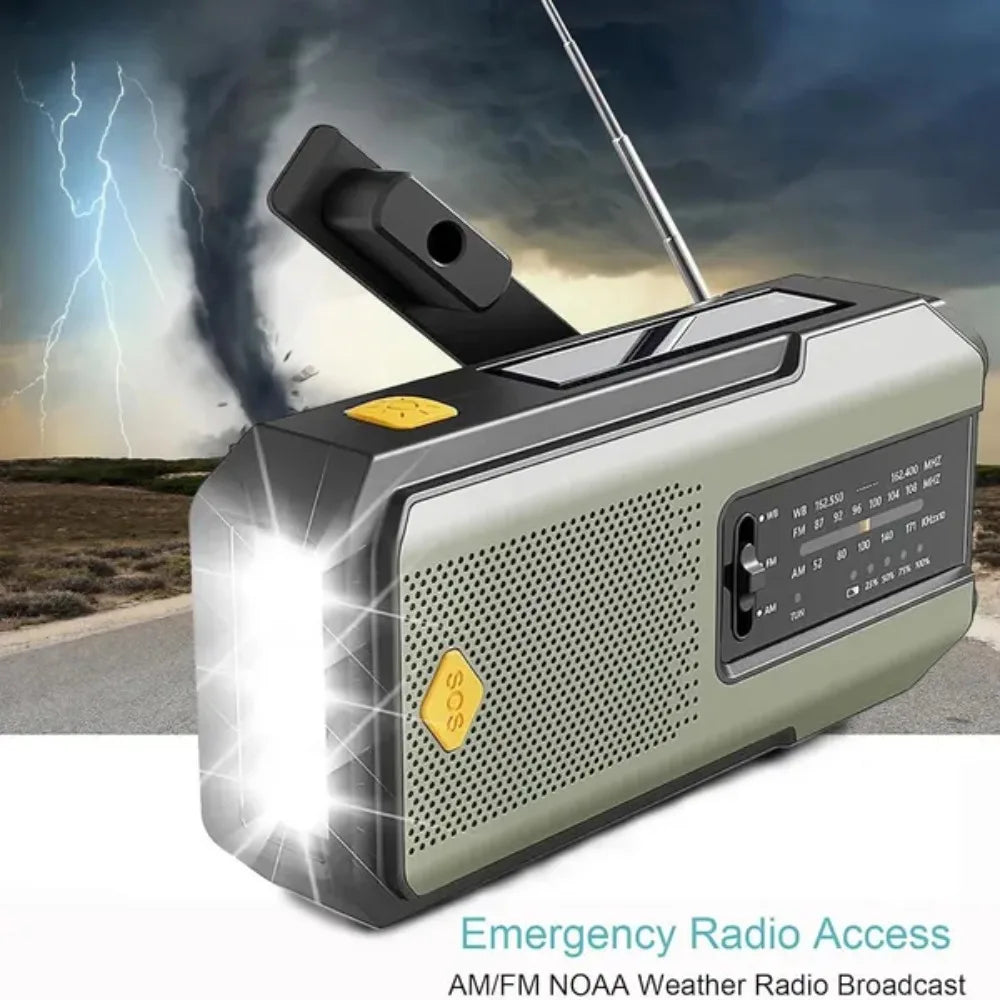 Radio météo d'urgence multifonctionnelle, FM AM WB, manivelle, charge USB solaire, batterie externe 2000mAh, lampe torche LED