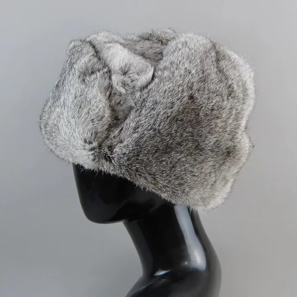 Gorro de piel de conejo para hombre, invierno, 100 % piel auténtica, gorro de aviador cortavientos cálido con orejeras, plano, gris/negro, estilo ruso, ajustado