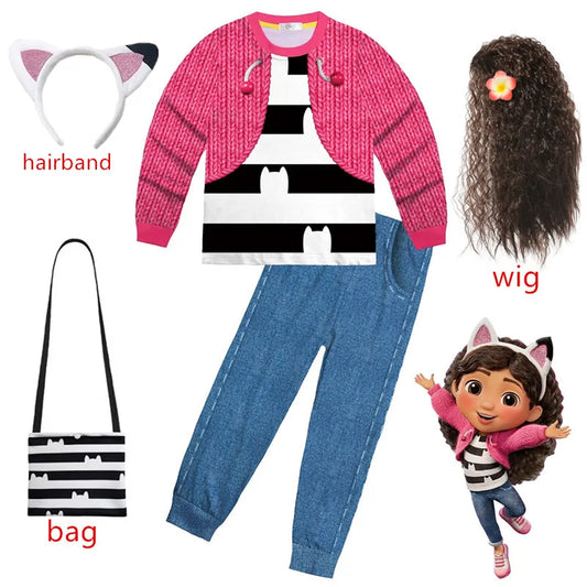 Costume enfant chat — pyjama à manches longues, t-shirt + pantalon + bandeau, tenue Halloween