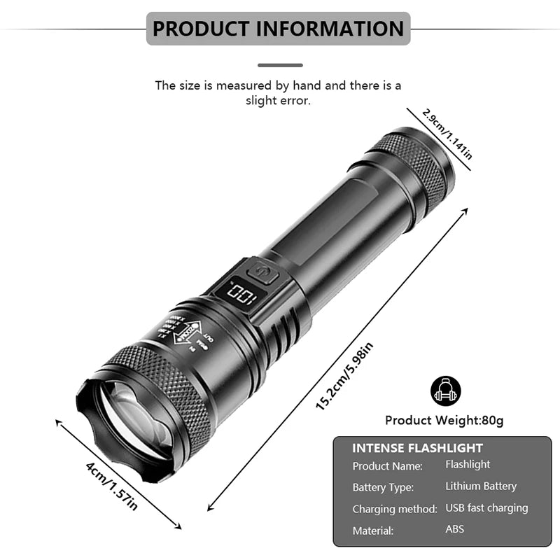 Lampe de poche LED Ultra lumineuse 2000LM type-c Rechargeable longue portée Zoom torche tactique extérieure d'urgence Camping pêche lanterne