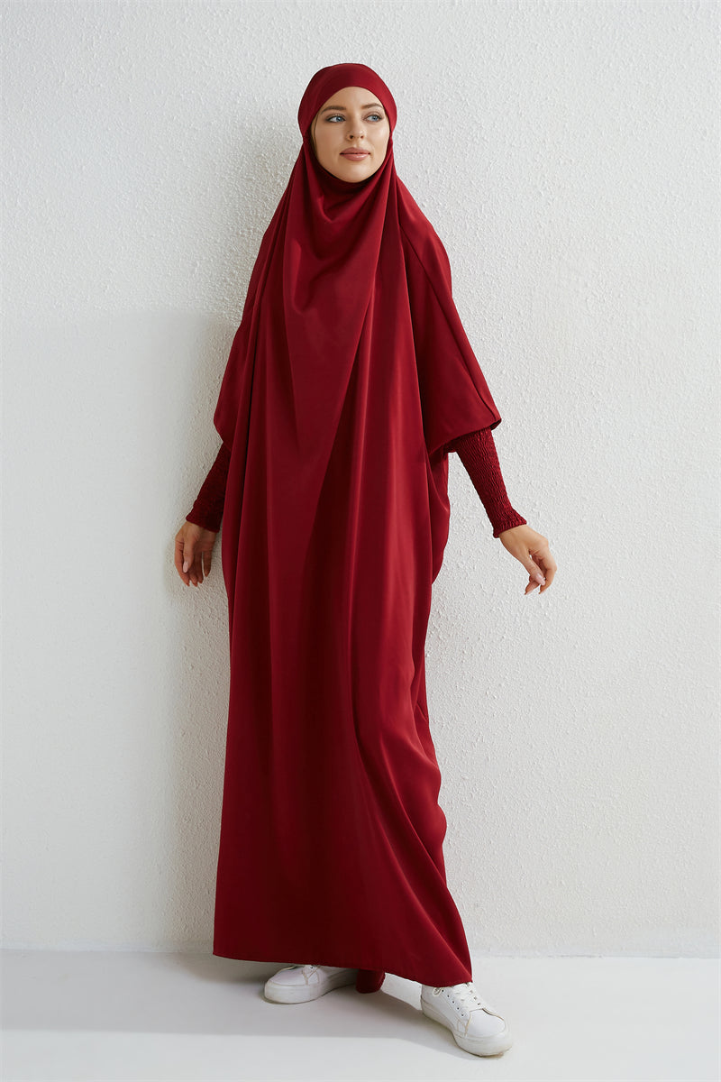 Abaya musulman à capuche manches smockées une pièce Robe de prière femmes Jilbab vêtements islamiques dubaï saoudien Robe noire modestie turque