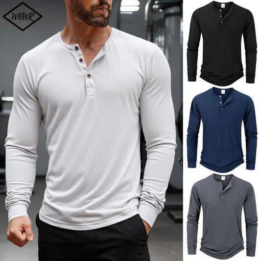 T-Shirt manches longues col Henley pour homme, couleur unie, décontracté, respirant, polyvalent, à la mode, Slim, automne