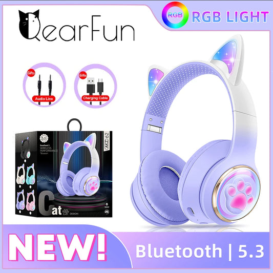 RGB Cat Ear Wireless Headphones for PC, Cute 3D Space Capsule Bluetooth Headset, Foldable Gaming Headphone, Gifts for Kids Girls