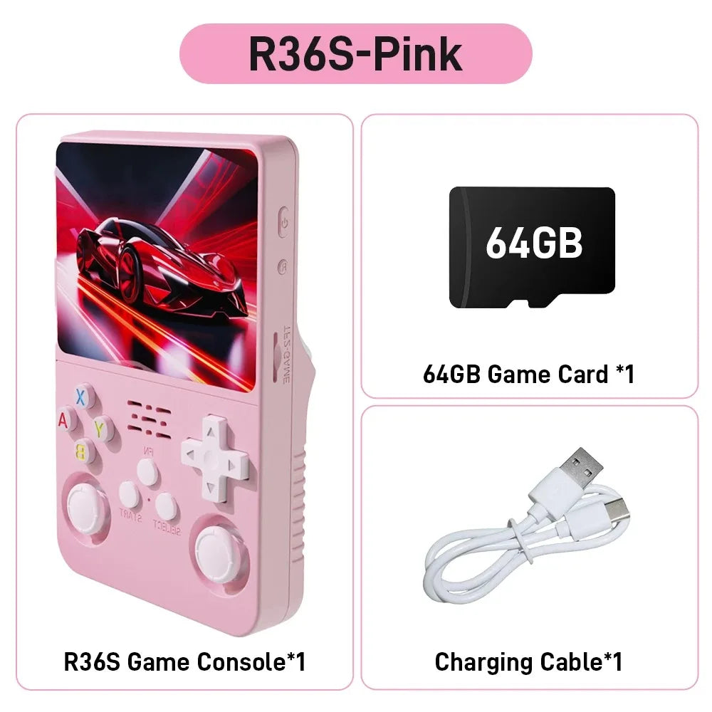 R36S ARKOS Consola de videojuegos portátil retro de 3,5 pulgadas IPS con múltiples colores disponibles, pantalla de reproductor portátil, 64GB de juegos