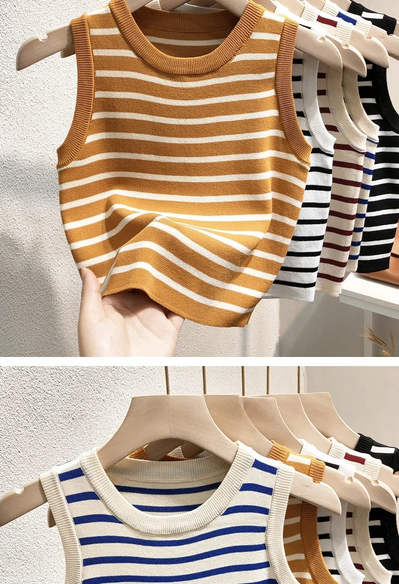 Débardeurs rayés tricotés sans manches pour femme, collection Printemps-Été 2026, style crop top, coupe ajustée élastique, décontracté, pull-over, camisole