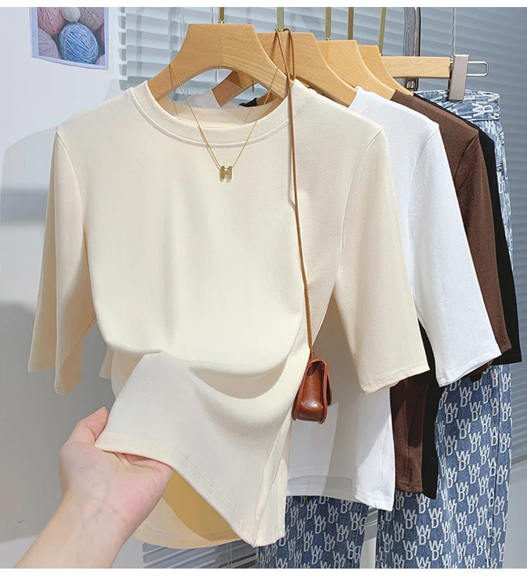 T-shirt femme 100% coton basique — col rond, tendance, uni, manches courtes, été 2026